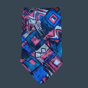Vintage Kuppenheimer Mens Tie Abstract Geometric Print Red Blue Black Silk